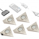 Rinkinys 5 LED šviestuvėliai (trikampis), vienas su jungikliu, INOX, 12V, 5X1.6W, 9 LED SMD 5050, šiltai baltas, maitinimo šaltinis 12V DC 12W
